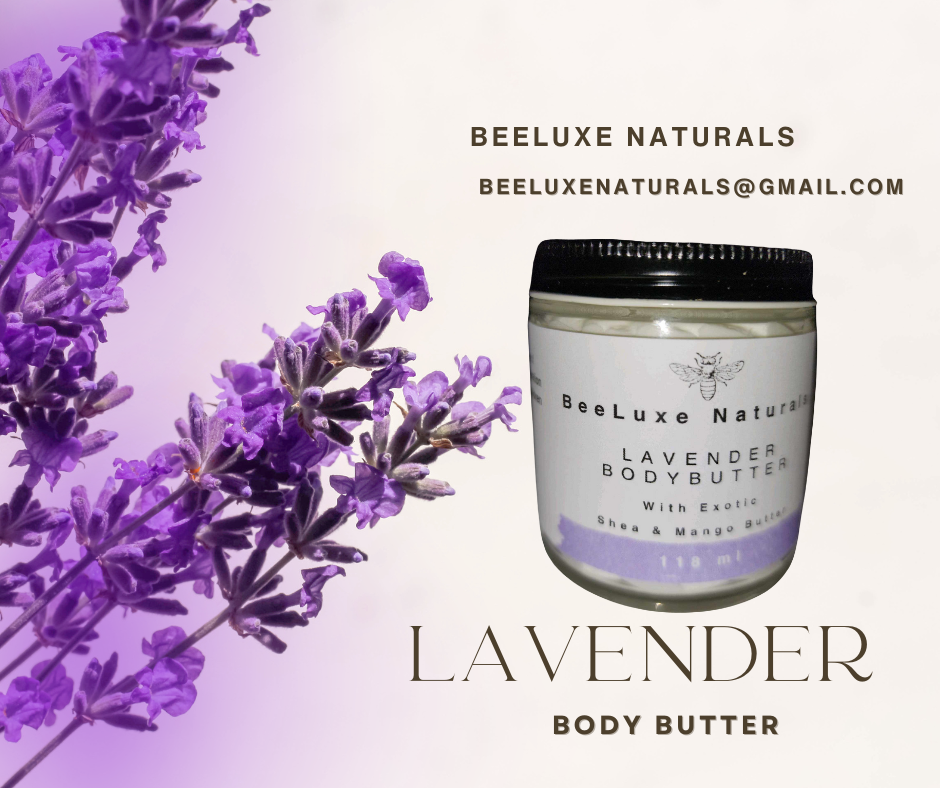 Lavender infused body butter jar next to lavender flowers, 50 ml skin moisturizer.