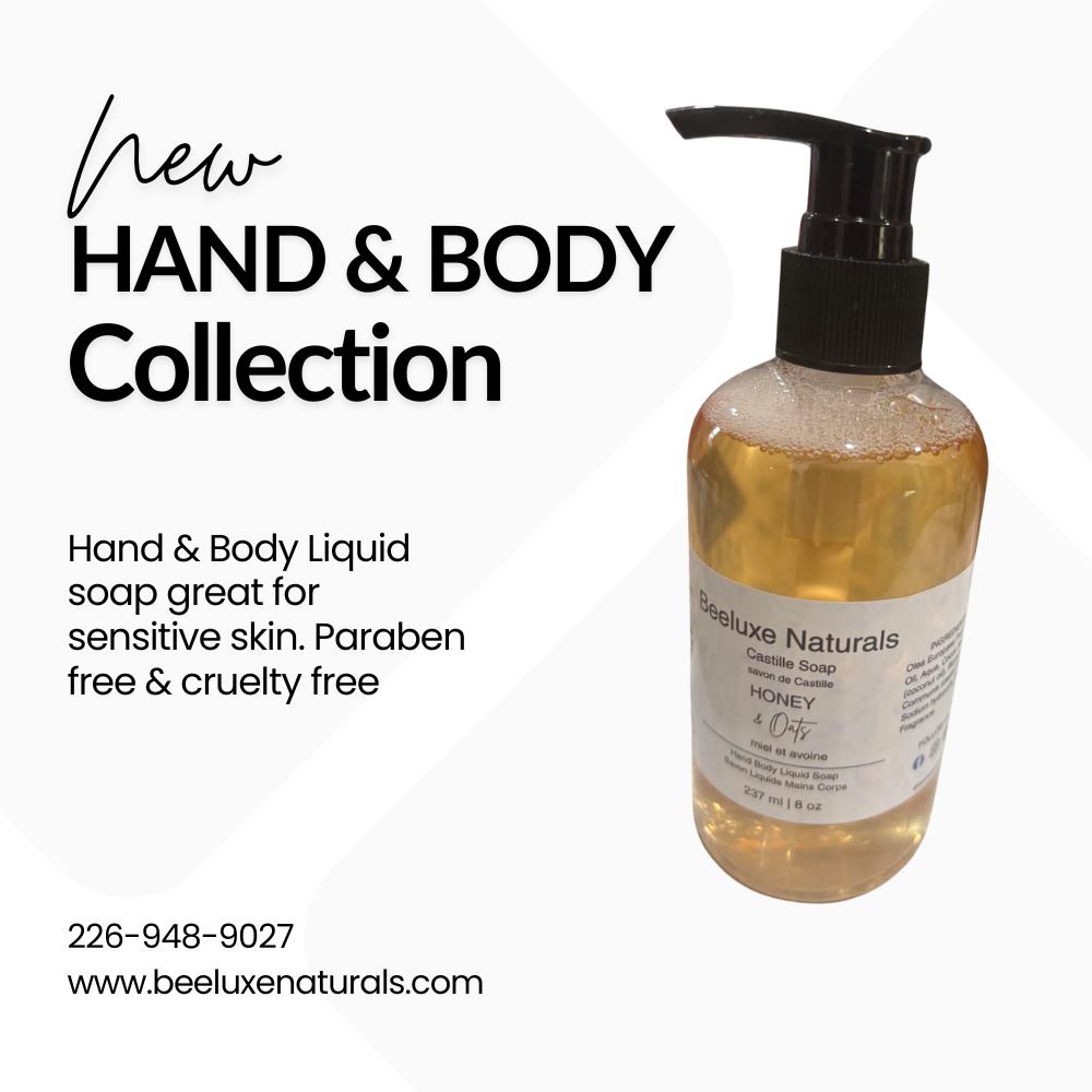 Honey & Oat Hand & Body Castille Soap bottle with pump dispenser, made in Canada, paraben-free, cruelty-free, suitable for sensitive skin.