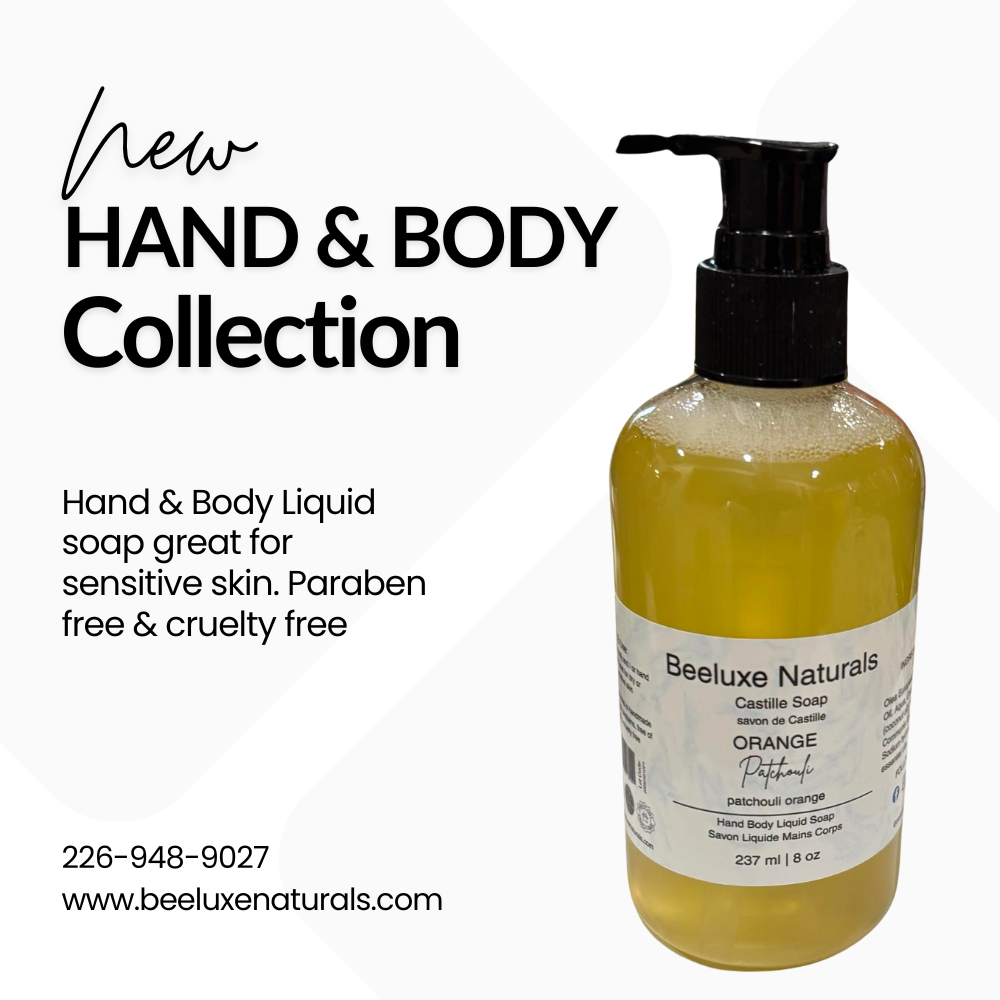 Orange Patchouli Castille Hand & Body Soap, 237ml bottle, paraben-free, handmade in Canada.