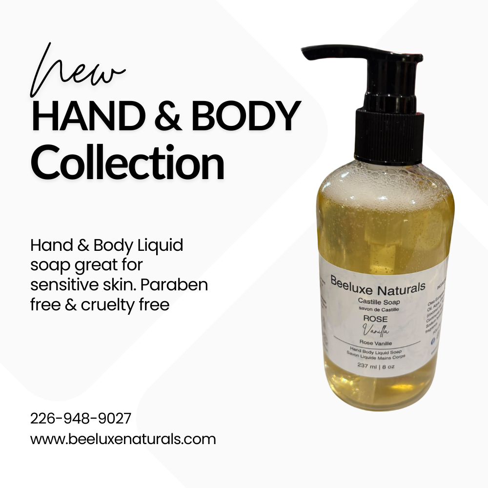 Rose Vanilla Hand soap bottle from Beeluxe Naturals, crafted for sensitive skin.