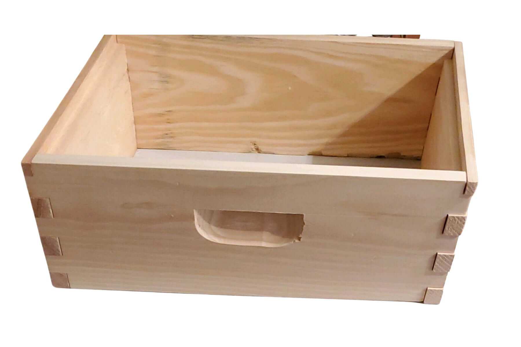 Medium Langstroth honey super box with finger joints, made from durable white pine.