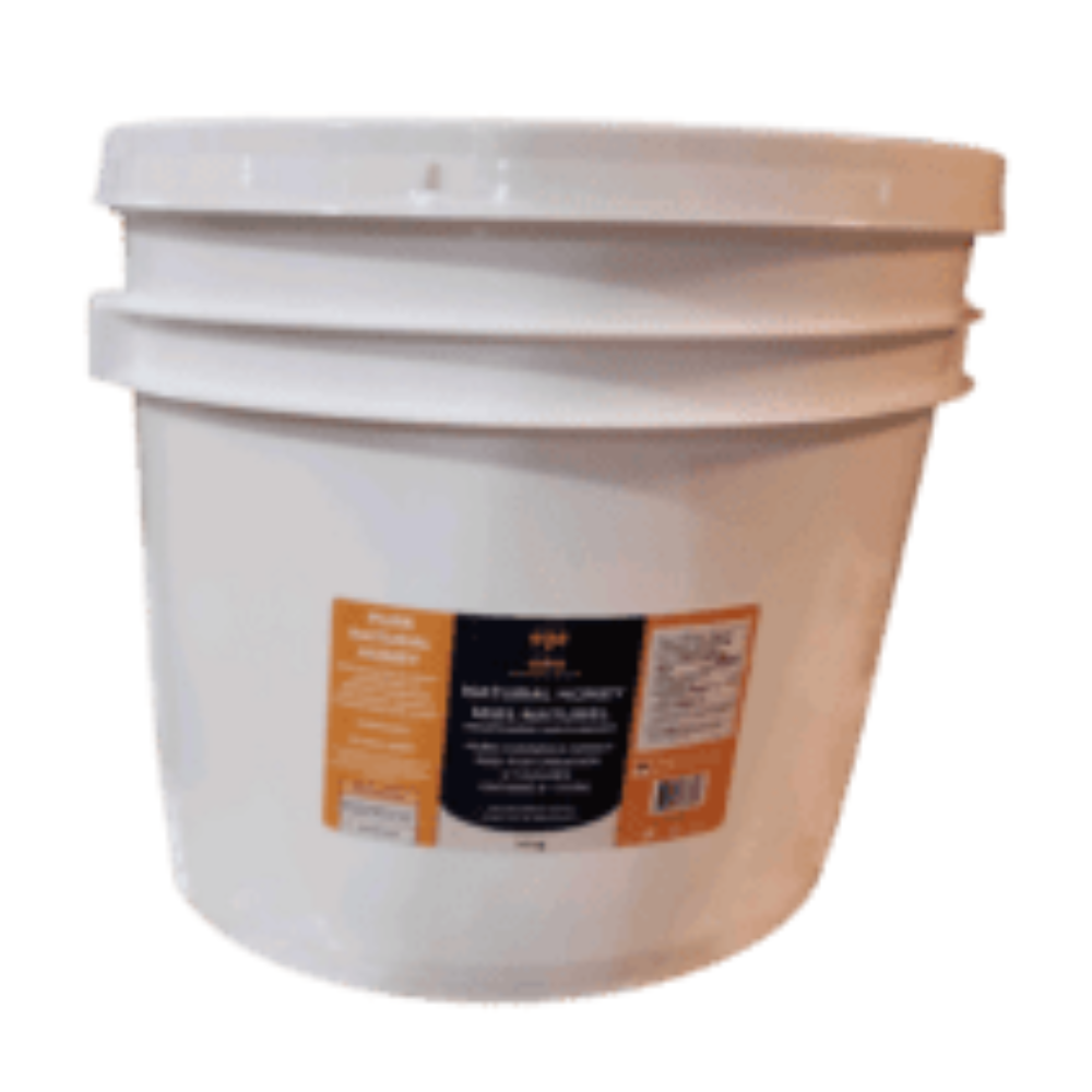 Bulk unpasteurized honey 14 kg pail, pure natural sweetness.