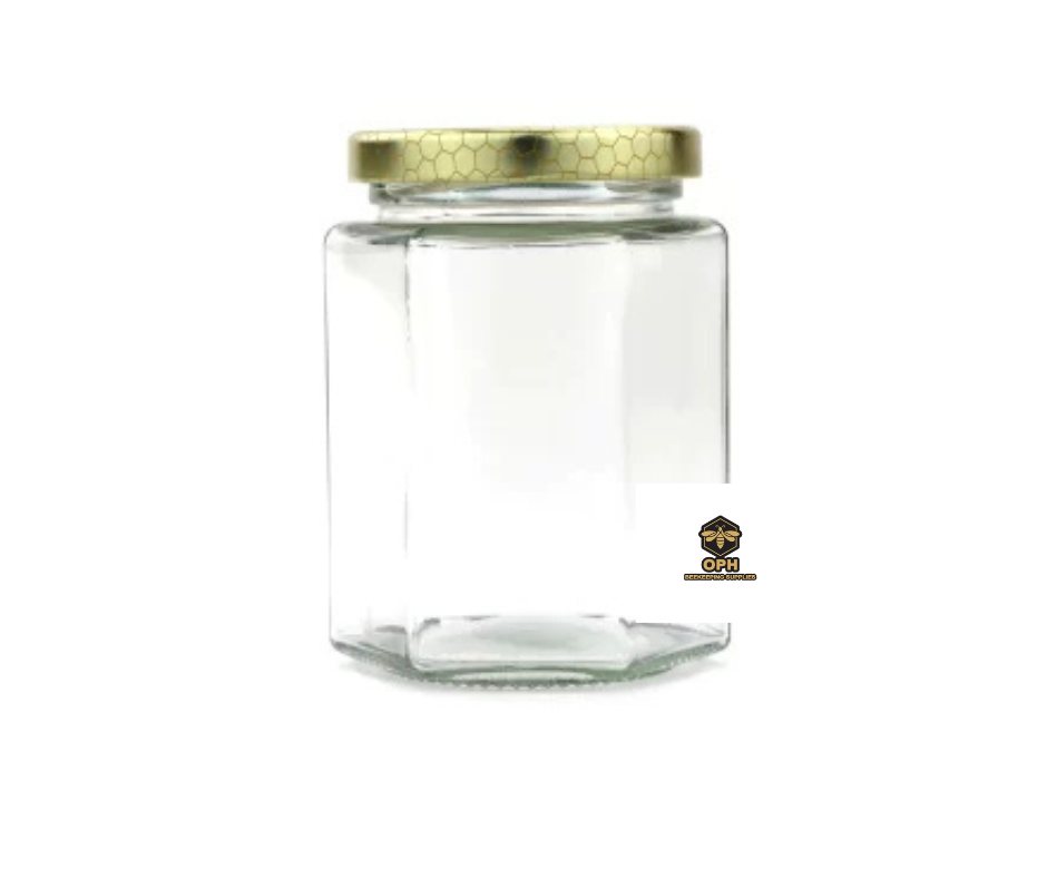 Hexagon glass honey jar with honeycomb lid, 190 ml capacity.