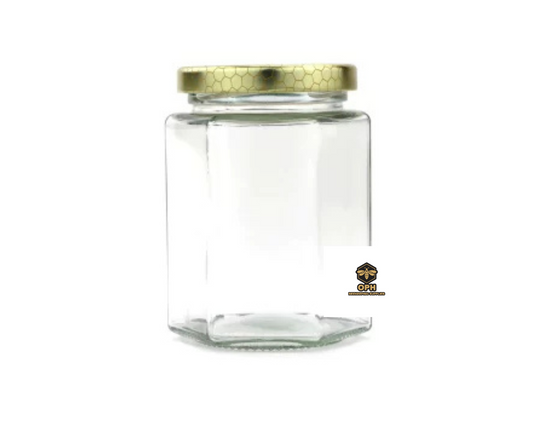 Hexagon glass honey jar with honeycomb lid, 190 ml capacity.