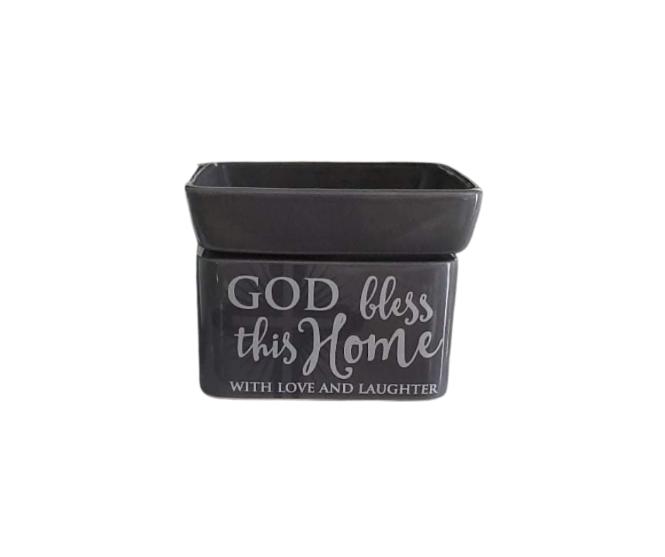 3 in 1 stone ceramic warmer with "God Bless This Home" inscription, suitable for wax melts, essential oils, or candles.