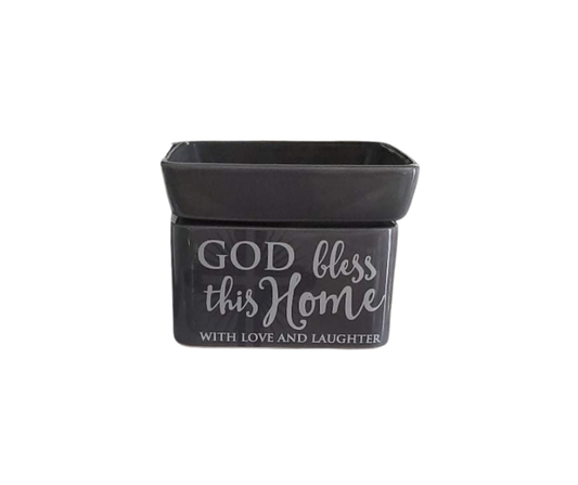 3 in 1 stone ceramic warmer with "God Bless This Home" inscription, suitable for wax melts, essential oils, or candles.