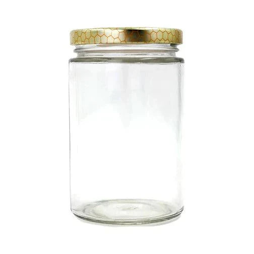 Glass honey jar with gold lid, 375 ml capacity, elegant storage solution.