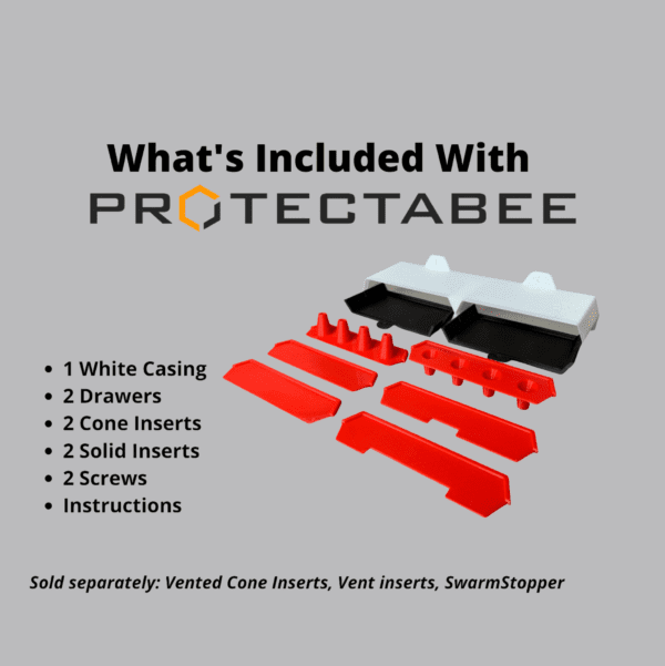 ProtectaBEE Double hive entrance components with casing, drawers, cone inserts, solid inserts, screws, and instructions.