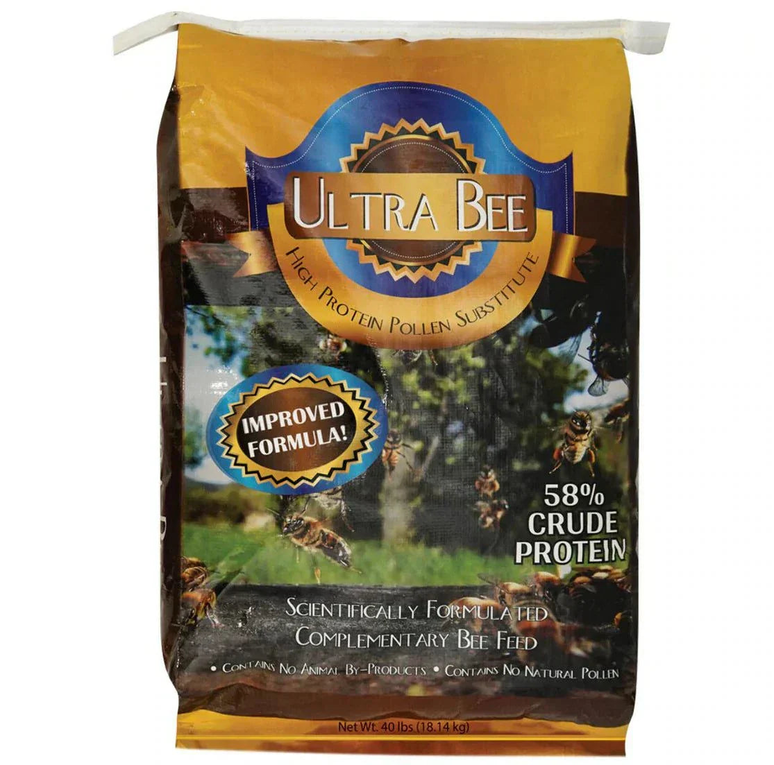 Ultra Bee Dry 50 lb high protein bee feed with improved formula label.