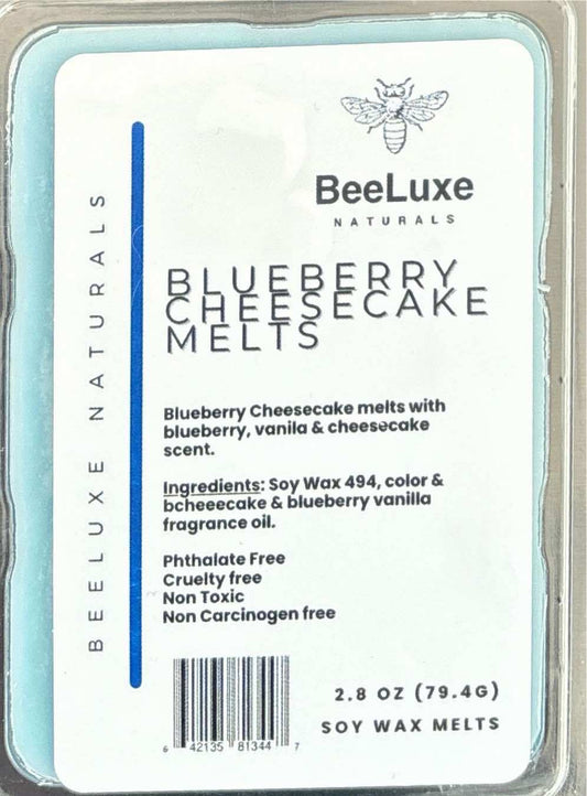 Blueberry Cheesecake Soy Melts packaging with blueberry, vanilla, cheesecake scent description.