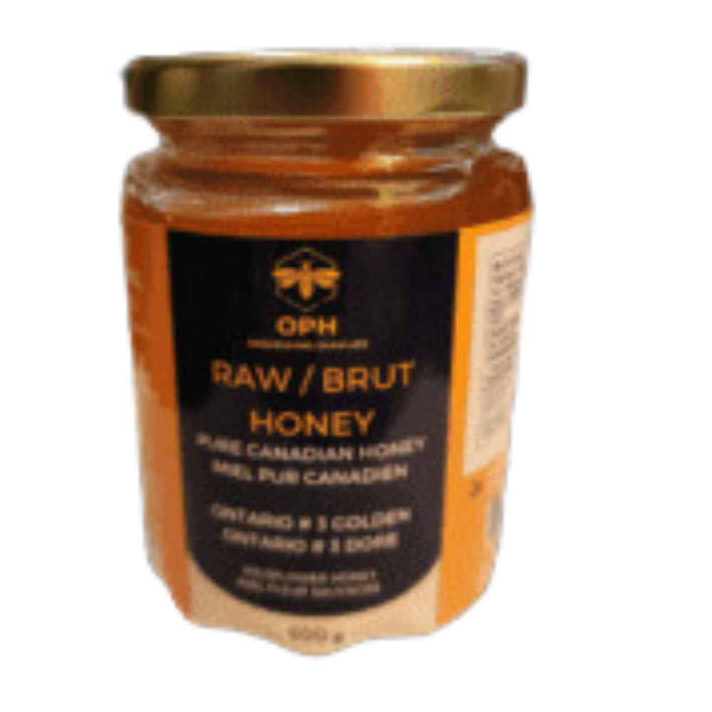 Raw Canadian Honey 500g jar, Ontario Grade #3, golden hue.