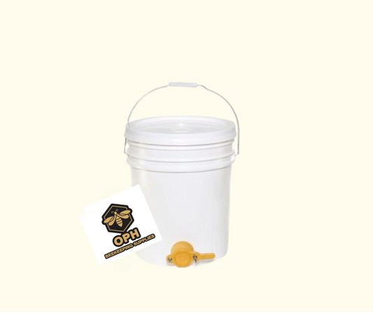 5 Gallon Plastic Pail with Deluxe Yellow Honey Gate for beekeeping.