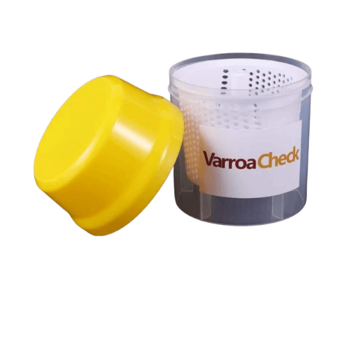 Varroa Easy Check shaker bottle with yellow lid for hive maintenance.