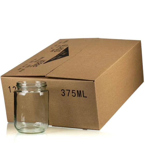 Glass Cylinder Jar with Honeycomb Lid, 375 ml capacity, shown with packaging box.