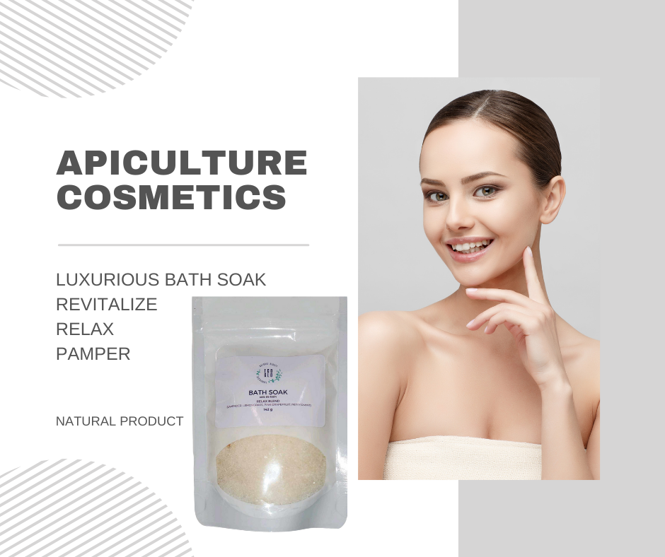 Luxurious bath soak packaging with a smiling woman, promoting relaxation and rejuvenation.