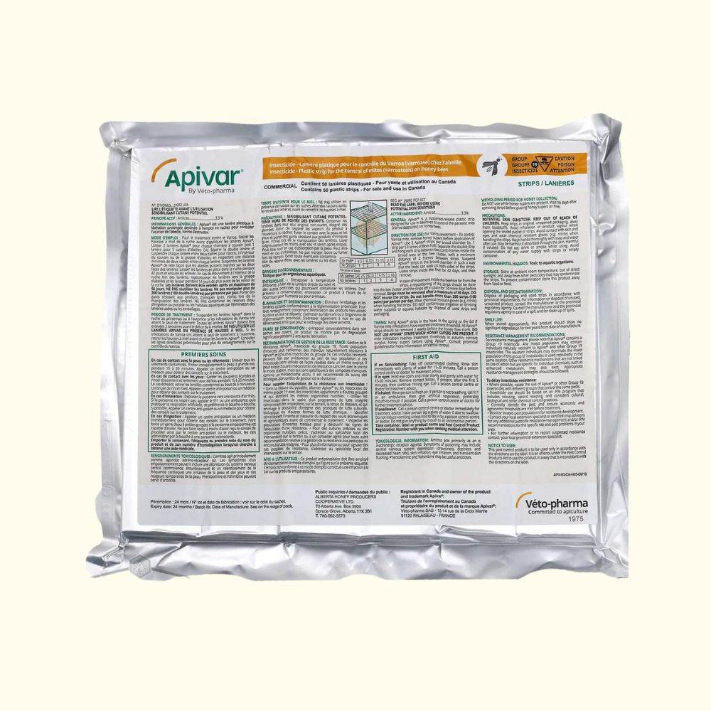 Apivar Strips 60 Pack for varroa mite treatment in bee yards, containing Amitraz 3.3%.