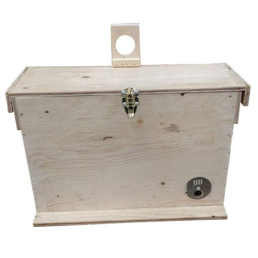 Plywood swarm trap for capturing beekeeping swarms, durable and portable design.