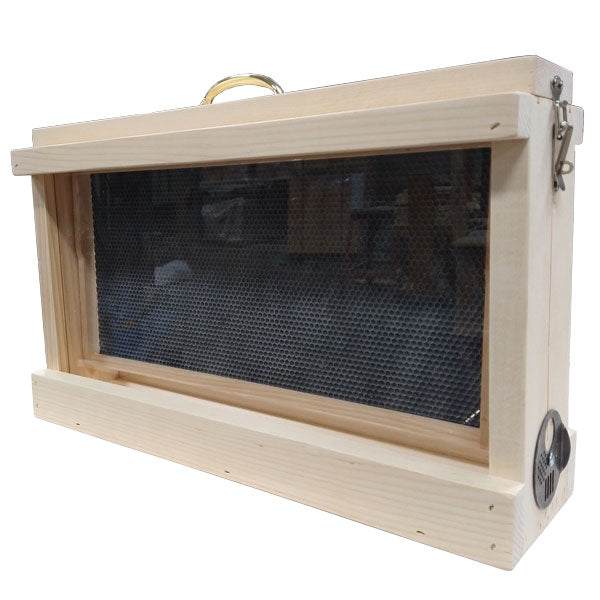 Single mobile observation hive made of Ontario White Pine with a handle, lockable latches, and removable lids for easy bee inspection.