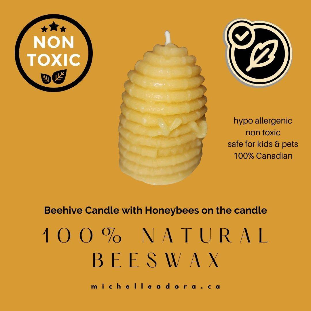 Decorative beehive candle made of natural beeswax with honey bees, 2.5 x 3.25 inches, non-toxic and hypoallergenic.