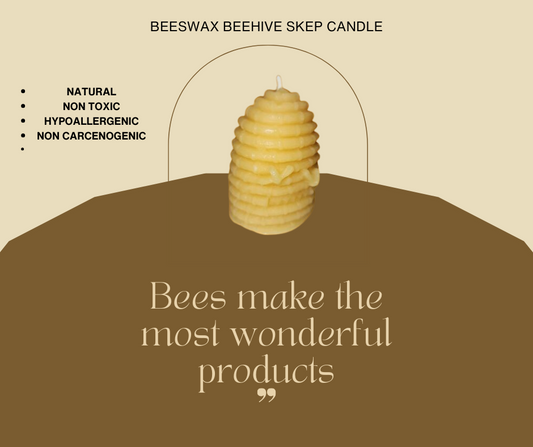 Beeswax beehive candle by Olson Pure Honey, natural design, non-toxic and hypoallergenic attributes.