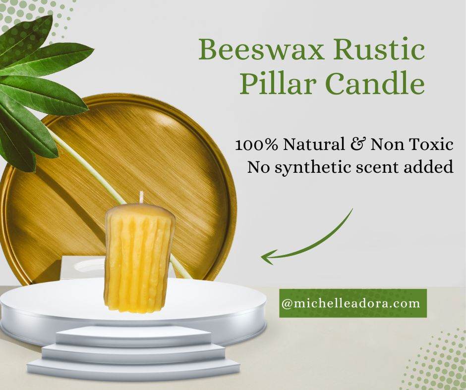 Beeswax Rustic Pillar Candle on display stand, 100% natural and non-toxic.