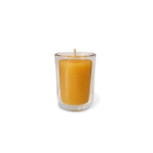 Beeswax votive candle with clear glass holder, handcrafted and long-burning.