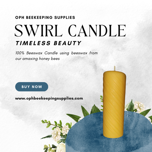 Decorative swirl beeswax candle, handcrafted from 100% natural beeswax, set against floral background.