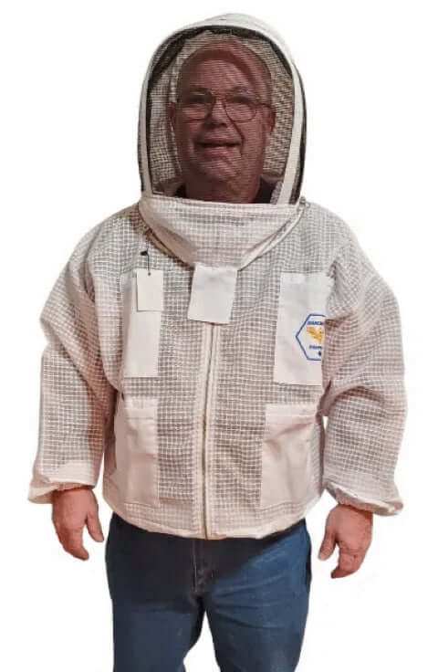Unisex white vented beekeeping jacket with hood and elastic cuffs.