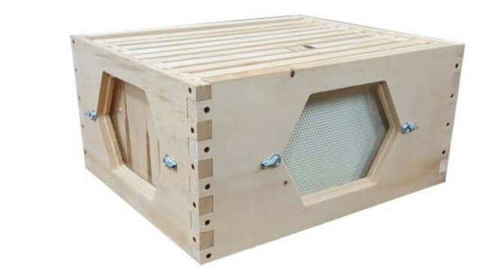 10-frame observation bee box with hexagon openings, crafted from Canadian Pine for Langstroth hives.