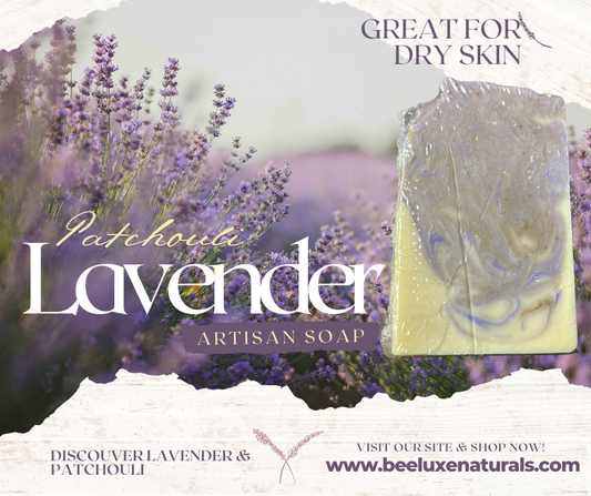 Lavender Patchouli artisan soap with lavender fields, great for dry skin.