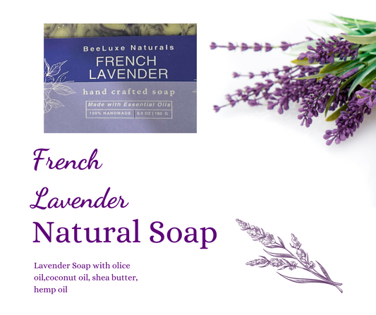 Natural French Lavender Artisan Soap with essential oils, 6.5 oz bar, skin-soothing ingredients.