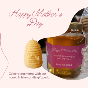 Honey gift set for Mother's Day with beeswax hive candle and jar of Olson Pure Honey.