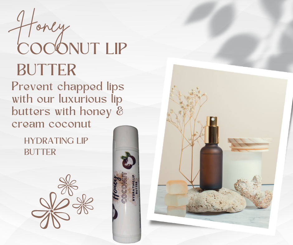 Honey Coconut Lip Butter with natural ingredients for moisturizing lips.