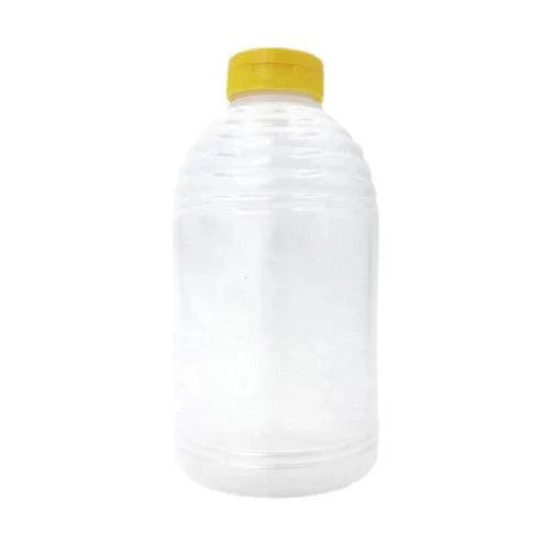 Attractive plastic honeycomb container for 1kg honey with secure yellow lid.