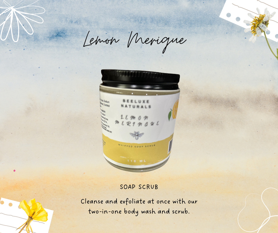 Lemon Merique Soap Scrub in jar, offering natural cleansing and exfoliation.