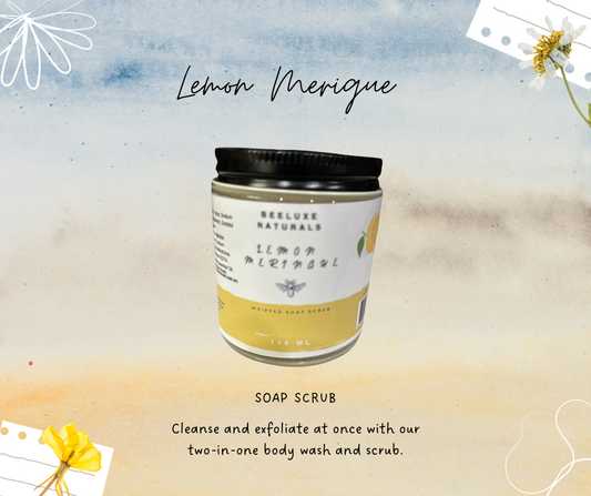 Lemon Merique Soap Scrub in jar, offering natural cleansing and exfoliation.