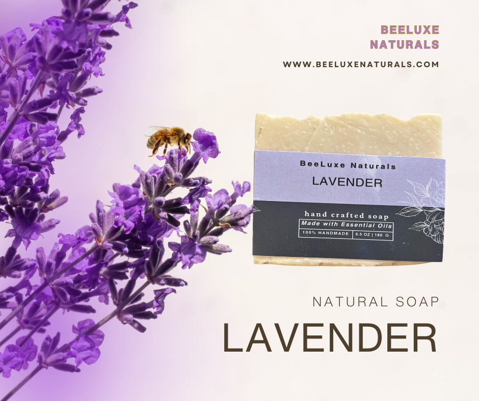 Artisan Lavender Soap with calming lather and natural ingredients against lavender and bee background.