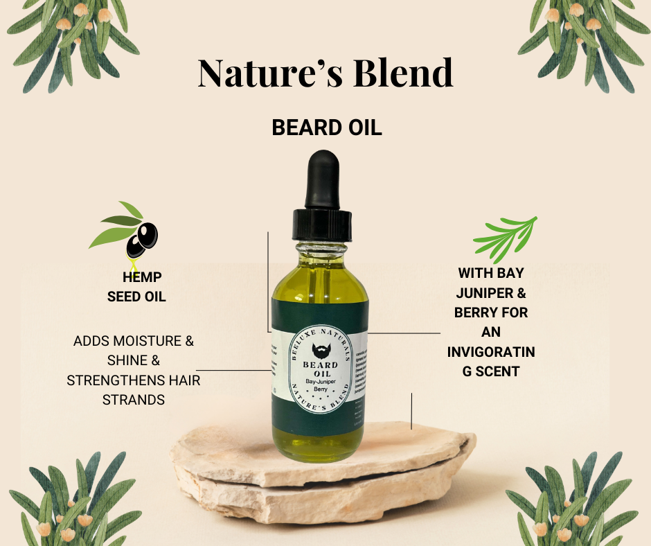 Beard Oil Nature’s Blend Beard Oil with Bay and Juniper Berry, featuring hemp seed oil for moisture and shine, on a stone platform with botanical accents.