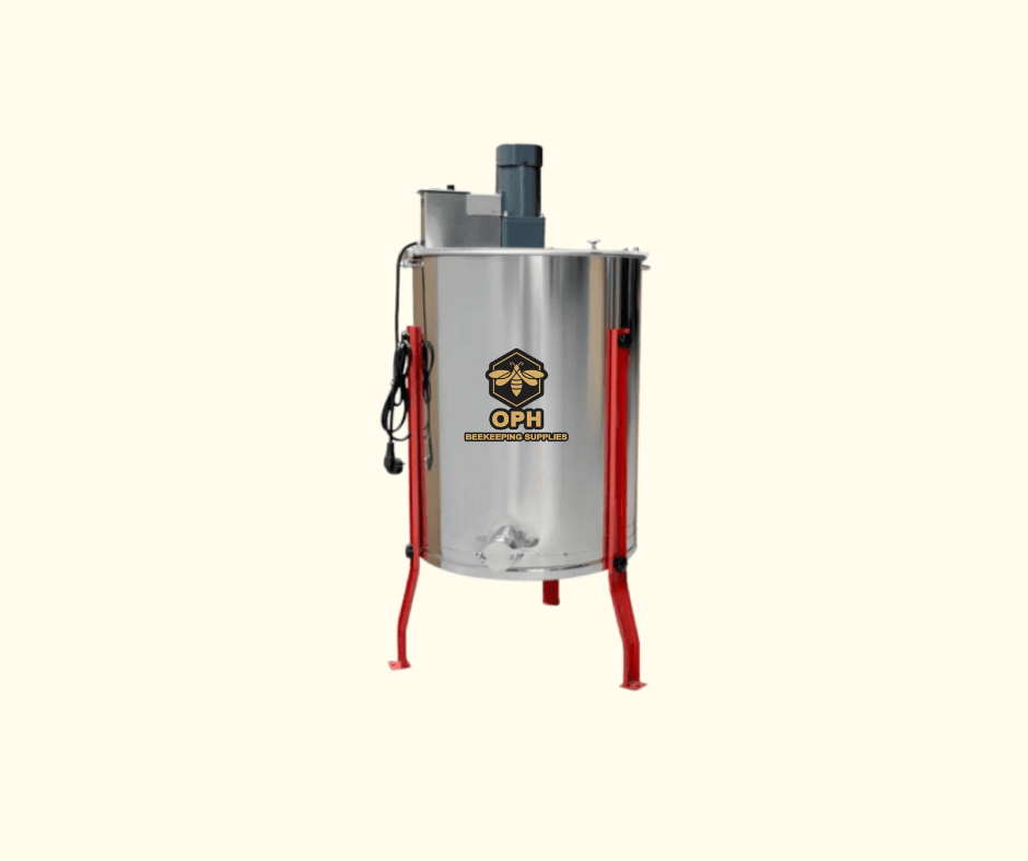 Durable Olson Pure Honey 4-frame electric honey extractor with stainless steel build.