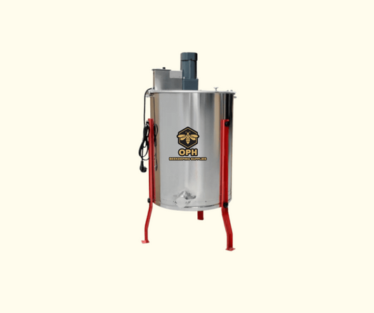 Durable Olson Pure Honey 4-frame electric honey extractor with stainless steel build.