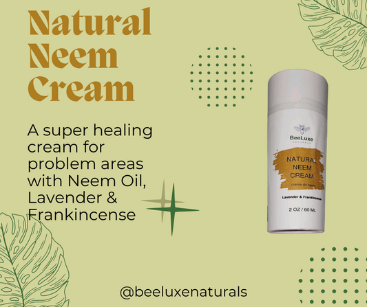 Neem Cream packaging with soothing and healing properties featuring Neem Oil, Lavender & Frankincense for skin care.