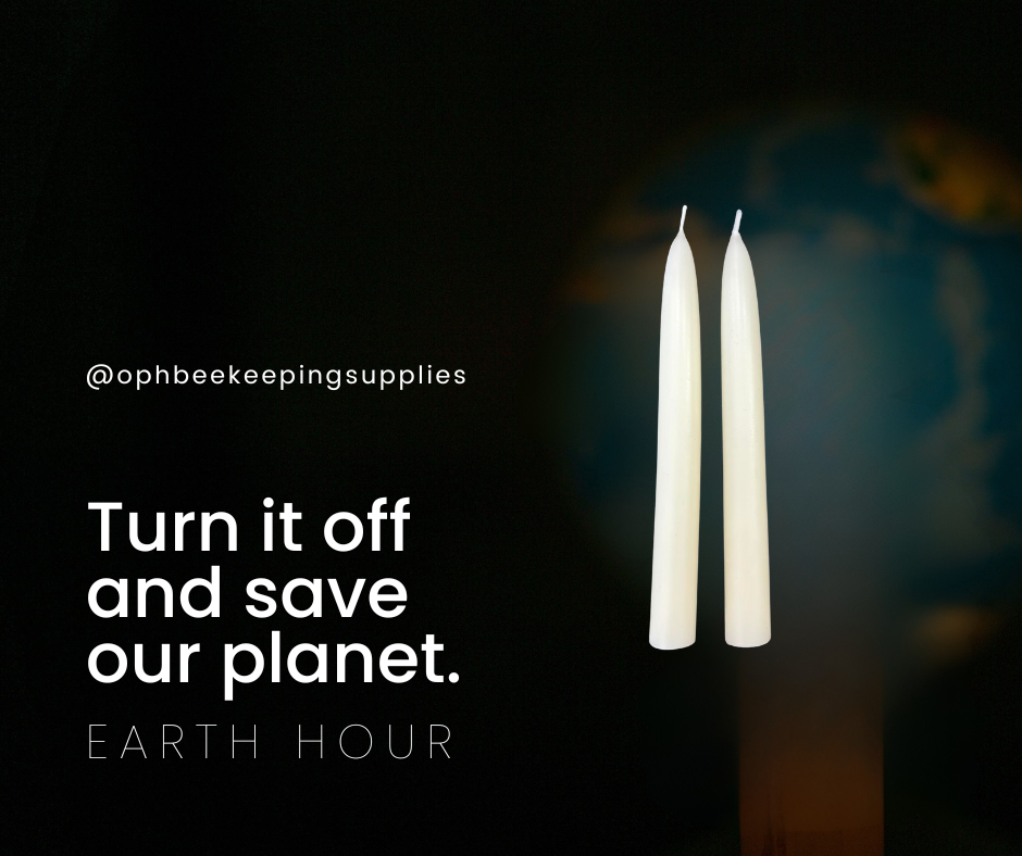 White taper candles on dark background with text promoting Earth Hour and sustainability.