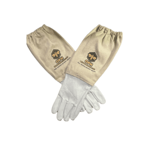 Medium beekeeping gloves, OPH Bee Guard, leather palms, canvas gauntlets, durable protection, ergonomic design.