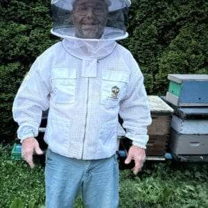 3XL OPH Bee Guard Apiary Wear Three-Layer Jacket with Cricket Veil in garden.