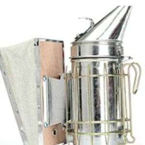 High-quality stainless steel bee smoker with ergonomic handle and leather bellows.