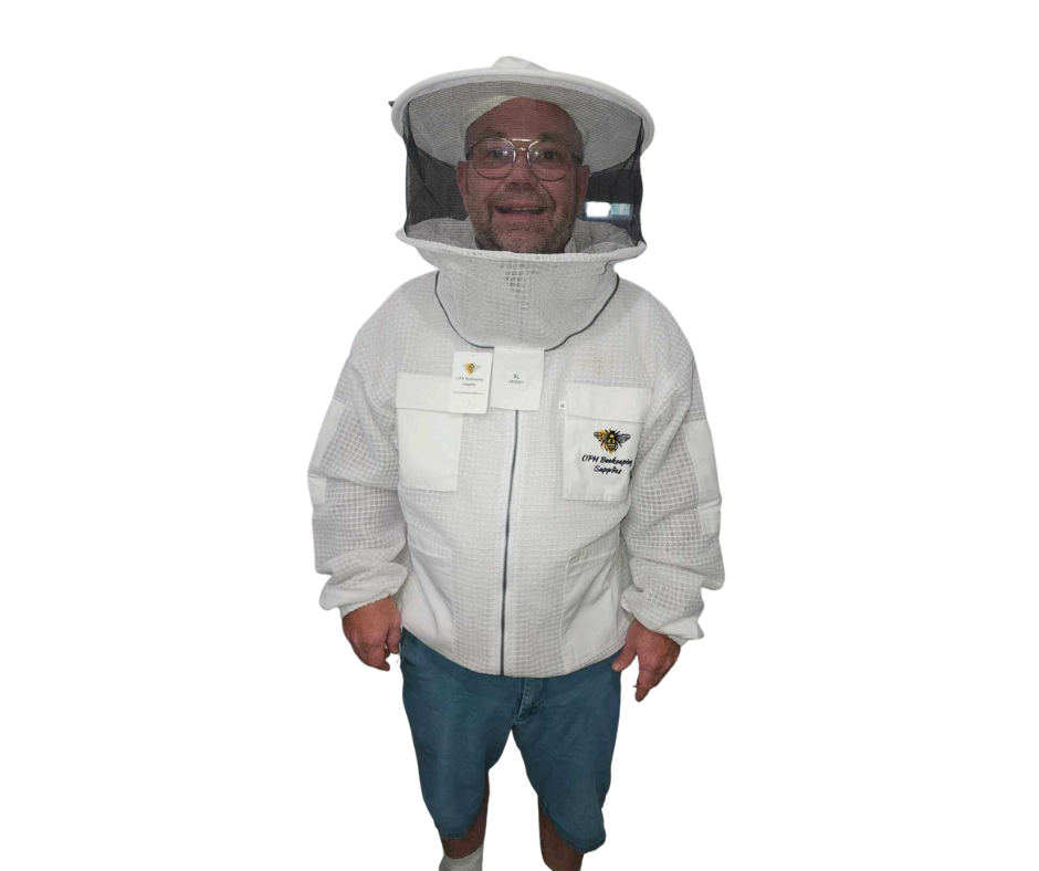 Beekeeper wearing OPH Vented Jacket with Round Veil, featuring breathable design and reinforced pockets for beekeeping safety.