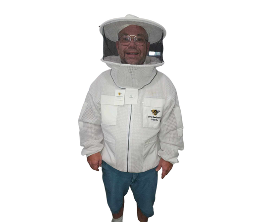 Beekeeper wearing OPH Vented Jacket with Round Veil, featuring breathable design and reinforced pockets for beekeeping safety.