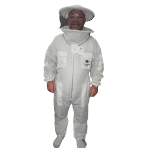 Vented beekeeping suit with round veil, protective wear for beekeepers.