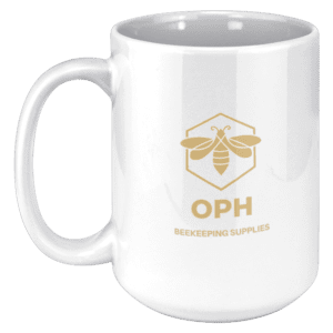 15oz durable ceramic mug with OPH Beekeeping logo, white finish.