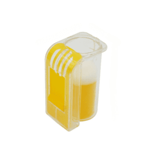 Queen marking cage for beekeepers with clear plastic cylinder and yellow components.